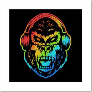 angry-gorilla-headphone-colorful-illustration Posters and Art